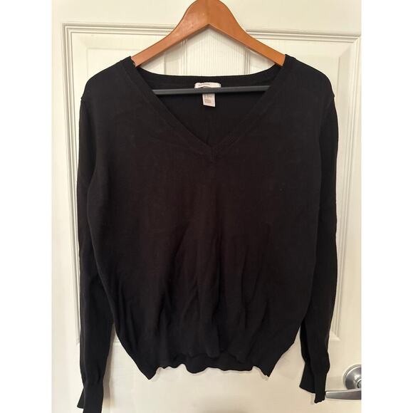 BASIC/BASIQUE Black Knitted V-neck Long Sleeve Sweater Top Sz M - Picture 1 of 4